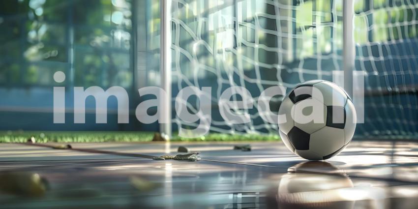 Soccer ball in goal court background - Ai Generated