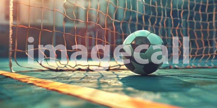 Soccer ball in goal court background - Ai Generated