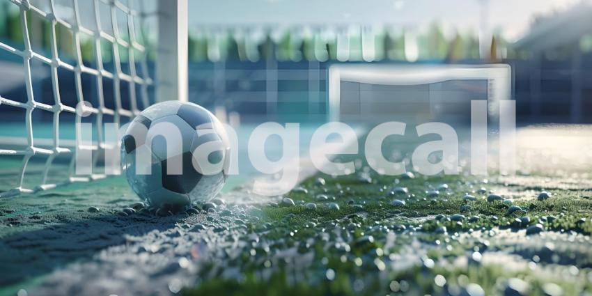Soccer ball in goal court background - Ai Generated