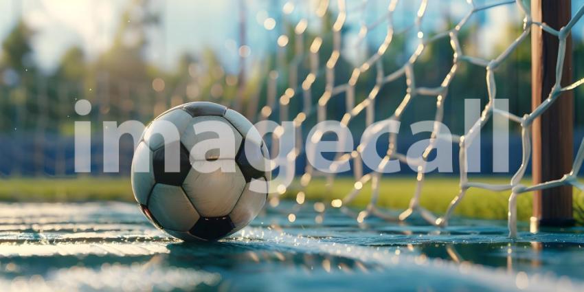 Soccer ball in goal court background - Ai Generated