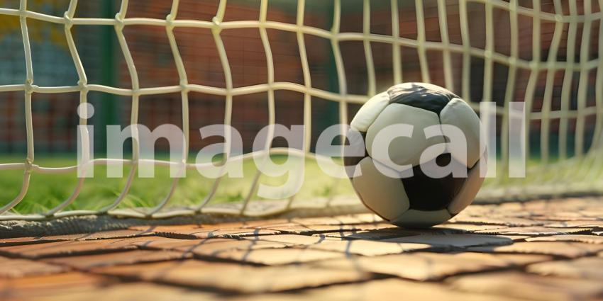 Soccer ball in goal court background - Ai Generated