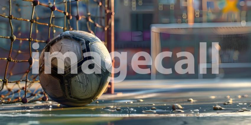 Soccer ball in goal court background - Ai Generated