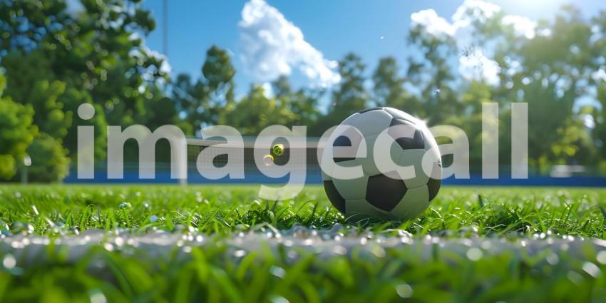 Soccer ball in goal court background - Ai Generated