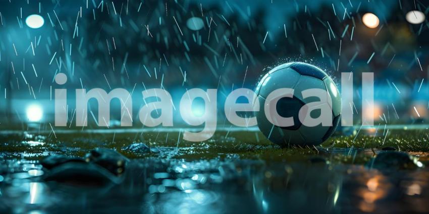 Soccer ball rolling on the playing field on a rainy night background - Ai Generated