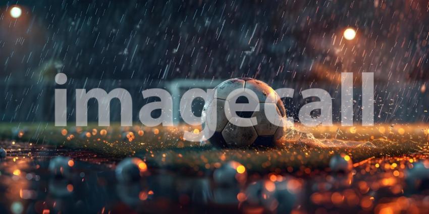 Soccer ball rolling on the playing field on a rainy night background - Ai Generated