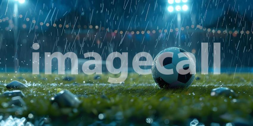 Soccer ball rolling on the playing field on a rainy night background - Ai Generated