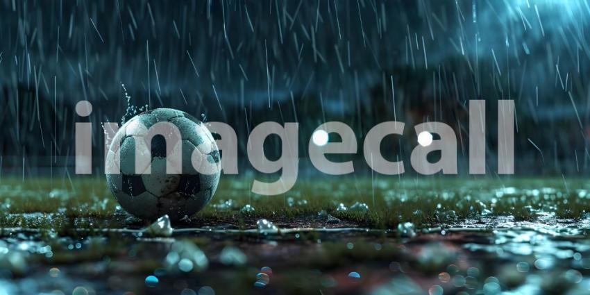 Soccer ball rolling on the playing field on a rainy night background - Ai Generated