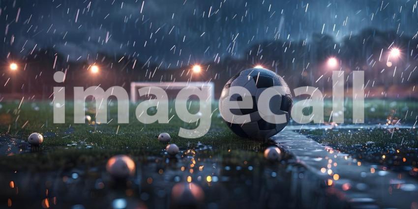 Soccer ball rolling on the playing field on a rainy night background - Ai Generated