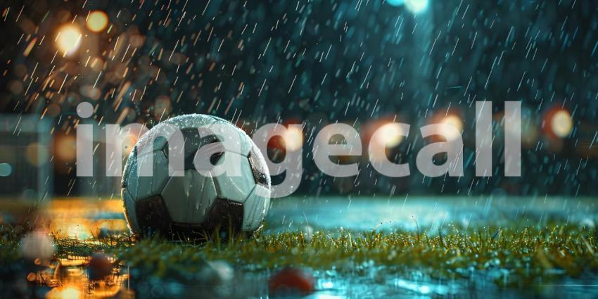 Soccer ball rolling on the playing field on a rainy night background - Ai Generated