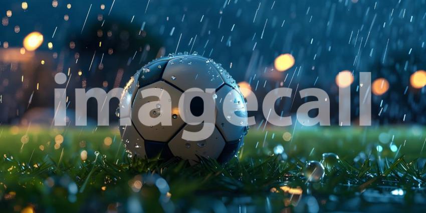 Soccer ball rolling on the playing field on a rainy night background - Ai Generated