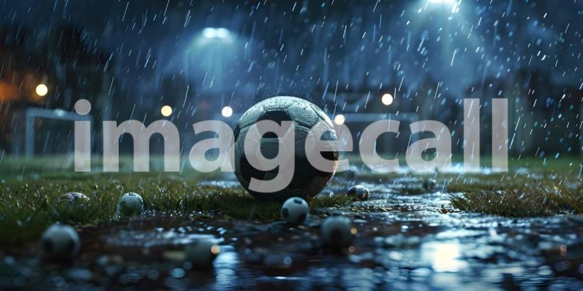 Soccer ball rolling on the playing field on a rainy night background - Ai Generated
