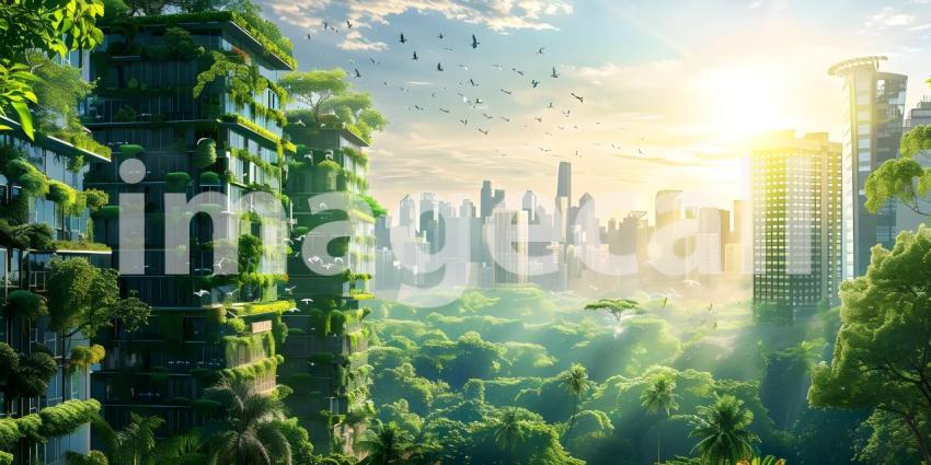 Innovative Green Architecture with Dense Plant Life on Skyscraper background - Ai Generated