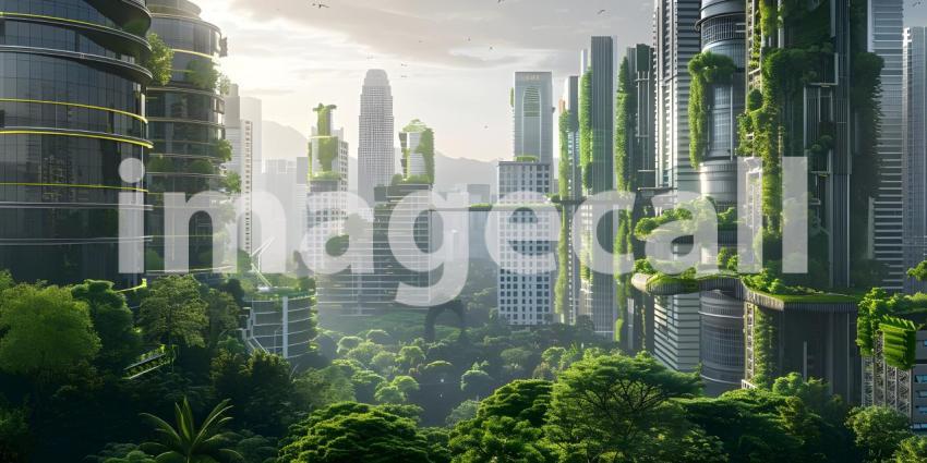 Innovative Green Architecture with Dense Plant Life on Skyscraper background - Ai Generated