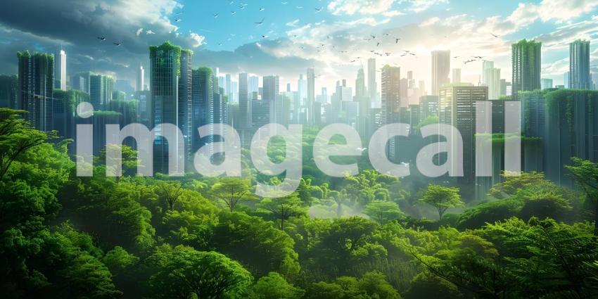 Innovative Green Architecture with Dense Plant Life on Skyscraper background - Ai Generated