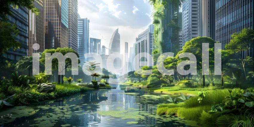 Innovative Green Architecture with Dense Plant Life on Skyscraper background - Ai Generated