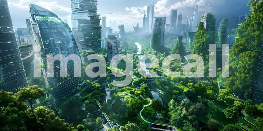 Innovative Green Architecture with Dense Plant Life on Skyscraper background - Ai Generated