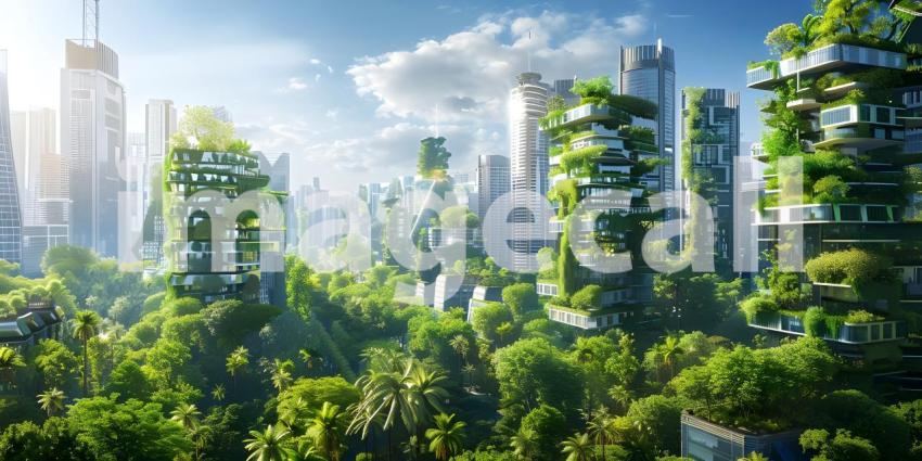 Innovative Green Architecture with Dense Plant Life on Skyscraper background - Ai Generated