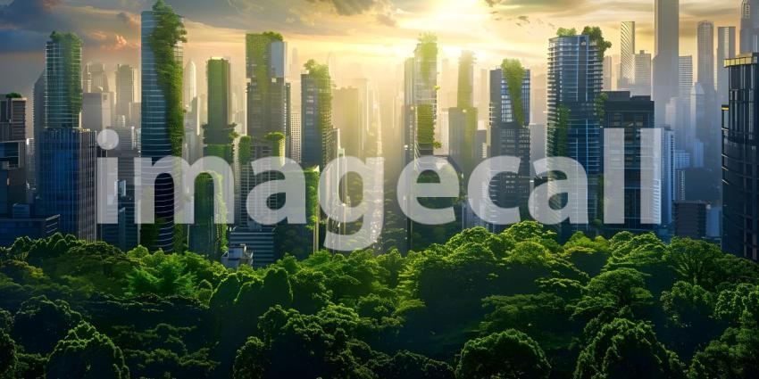 Innovative Green Architecture with Dense Plant Life on Skyscraper background - Ai Generated