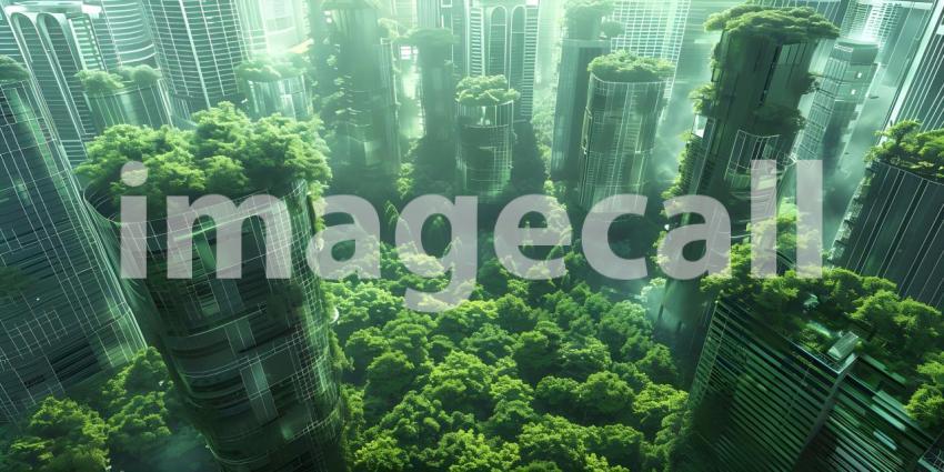 Innovative Green Architecture with Dense Plant Life on Skyscraper background - Ai Generated