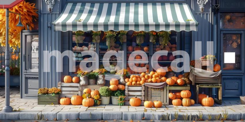 Storefront or shop outside with fresh pumpkins background - Ai Generated