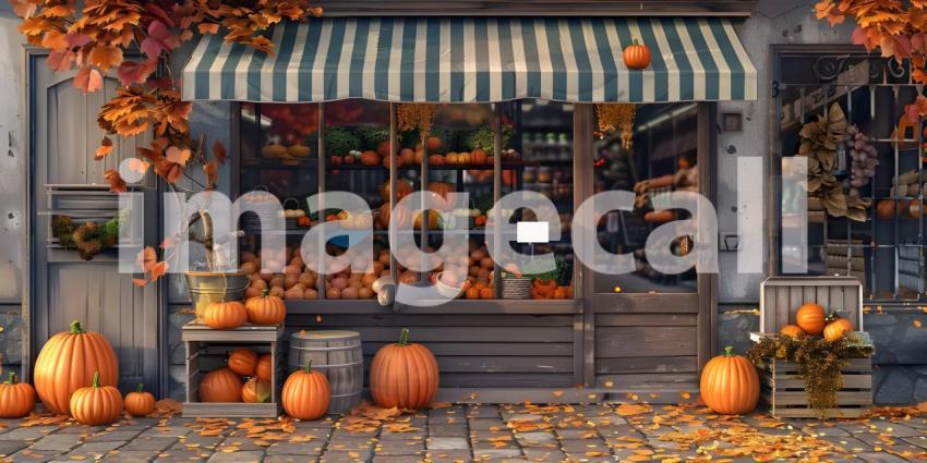 Storefront or shop outside with fresh pumpkins background - Ai Generated