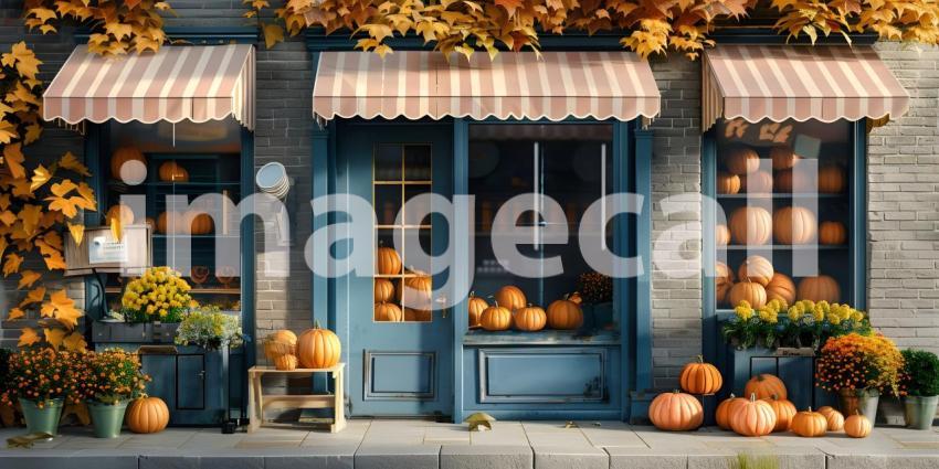 Storefront or shop outside with fresh pumpkins background - Ai Generated