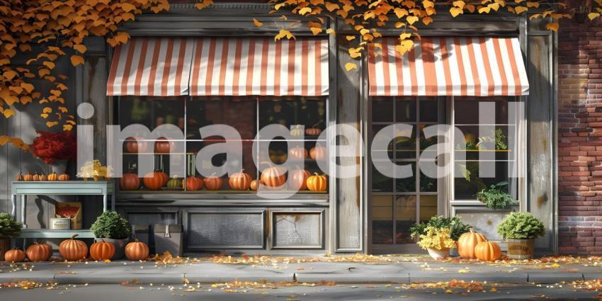 Storefront or shop outside with fresh pumpkins background - Ai Generated