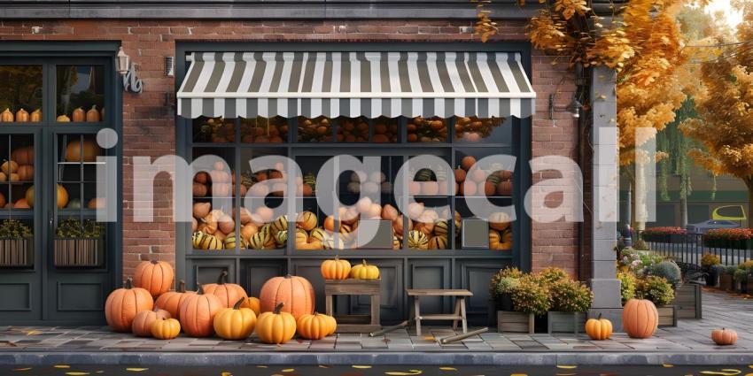 Storefront or shop outside with fresh pumpkins background - Ai Generated