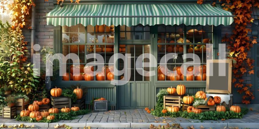 Storefront or shop outside with fresh pumpkins background - Ai Generated