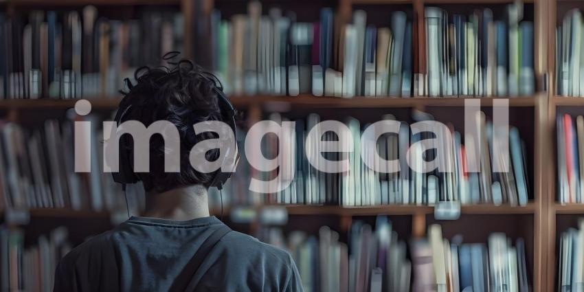 Student wearing headphone study in a library background - Ai Generated