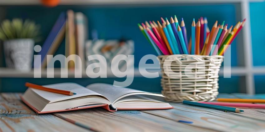 Study desk with a book open and a basket of colored pencils background - Ai Generated
