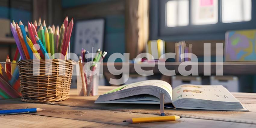 Study desk with a book open and a basket of colored pencils background - Ai Generated