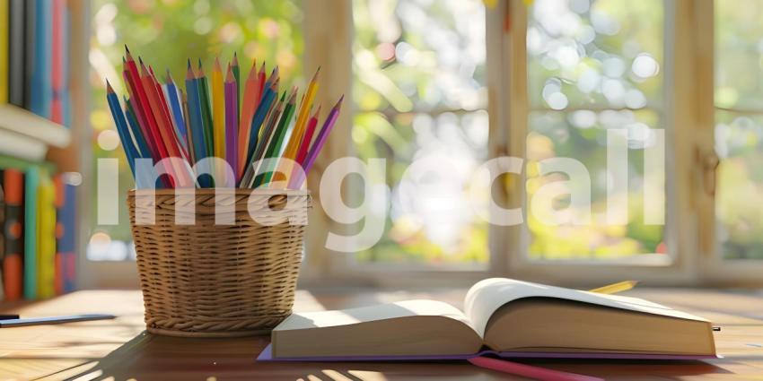Study desk with a book open and a basket of colored pencils background - Ai Generated