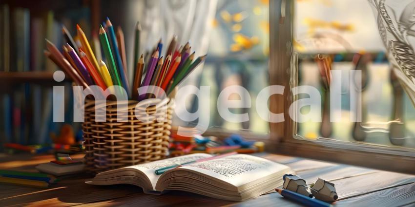 Study desk with a book open and a basket of colored pencils background - Ai Generated
