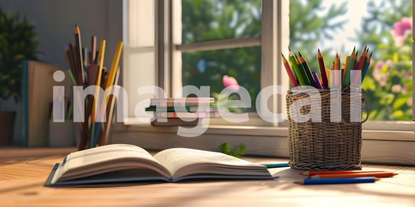 Study desk with a book open and a basket of colored pencils background - Ai Generated