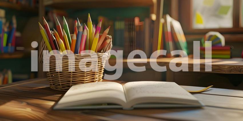 Study desk with a book open and a basket of colored pencils background - Ai Generated