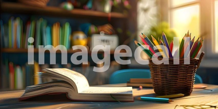 Study desk with a book open and a basket of colored pencils background - Ai Generated