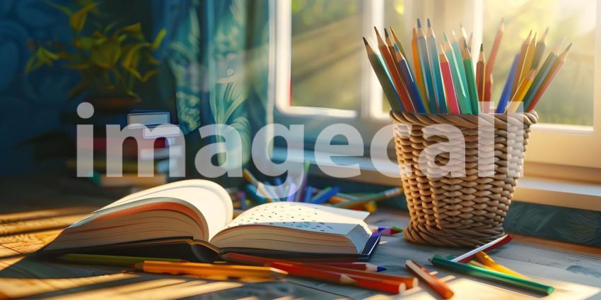 Study desk with a book open and a basket of colored pencils background - Ai Generated