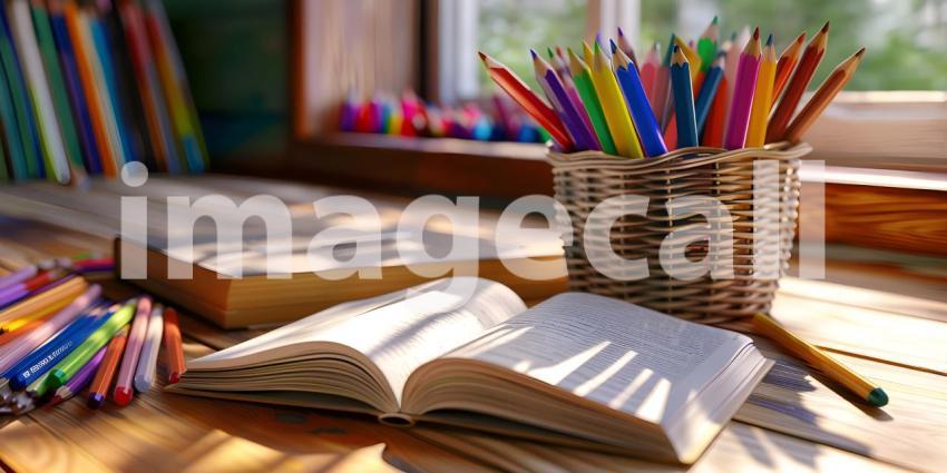 Study desk with a book open and a basket of colored pencils background - Ai Generated