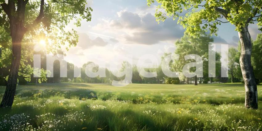 Summer with trees and meadows in bright sunshine background - Ai Generated