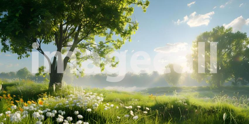 Summer with trees and meadows in bright sunshine background - Ai Generated