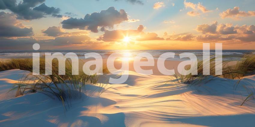 Sand dunes system on beach at sunrise background - Ai Generated