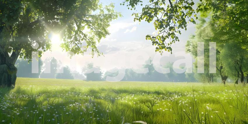 Summer with trees and meadows in bright sunshine background - Ai Generated