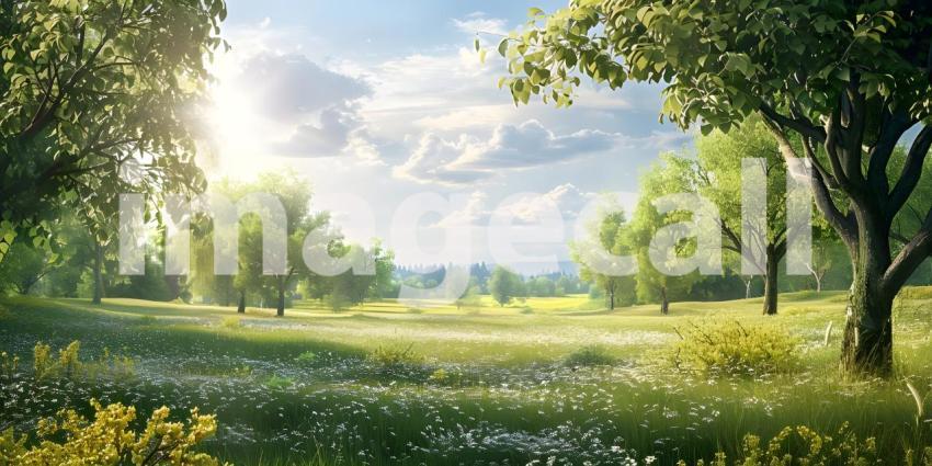 Summer with trees and meadows in bright sunshine background - Ai Generated