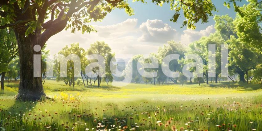 Summer with trees and meadows in bright sunshine background - Ai Generated