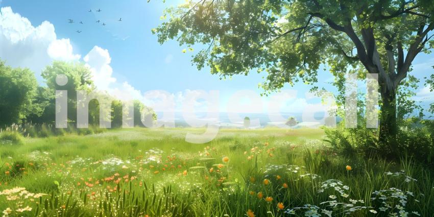 Summer with trees and meadows in bright sunshine background - Ai Generated