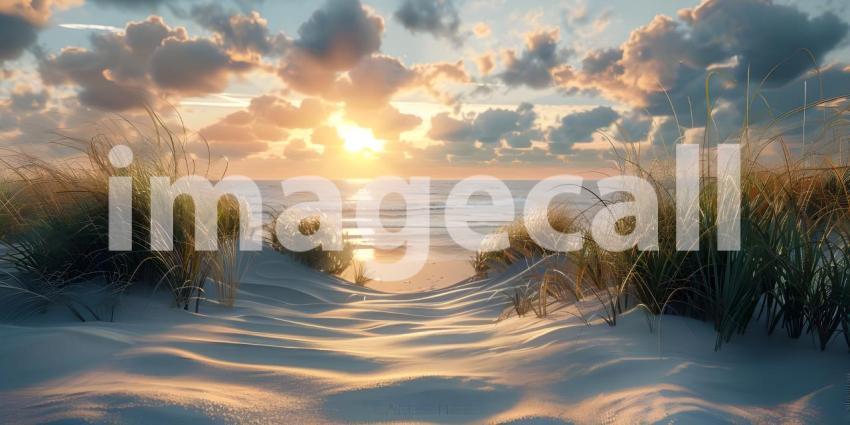 Sand dunes system on beach at sunrise background - Ai Generated