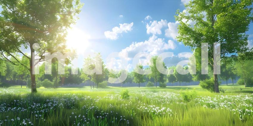 Summer with trees and meadows in bright sunshine background - Ai Generated