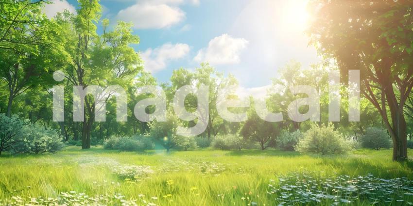 Summer with trees and meadows in bright sunshine background - Ai Generated
