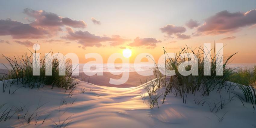 Sand dunes system on beach at sunrise background - Ai Generated
